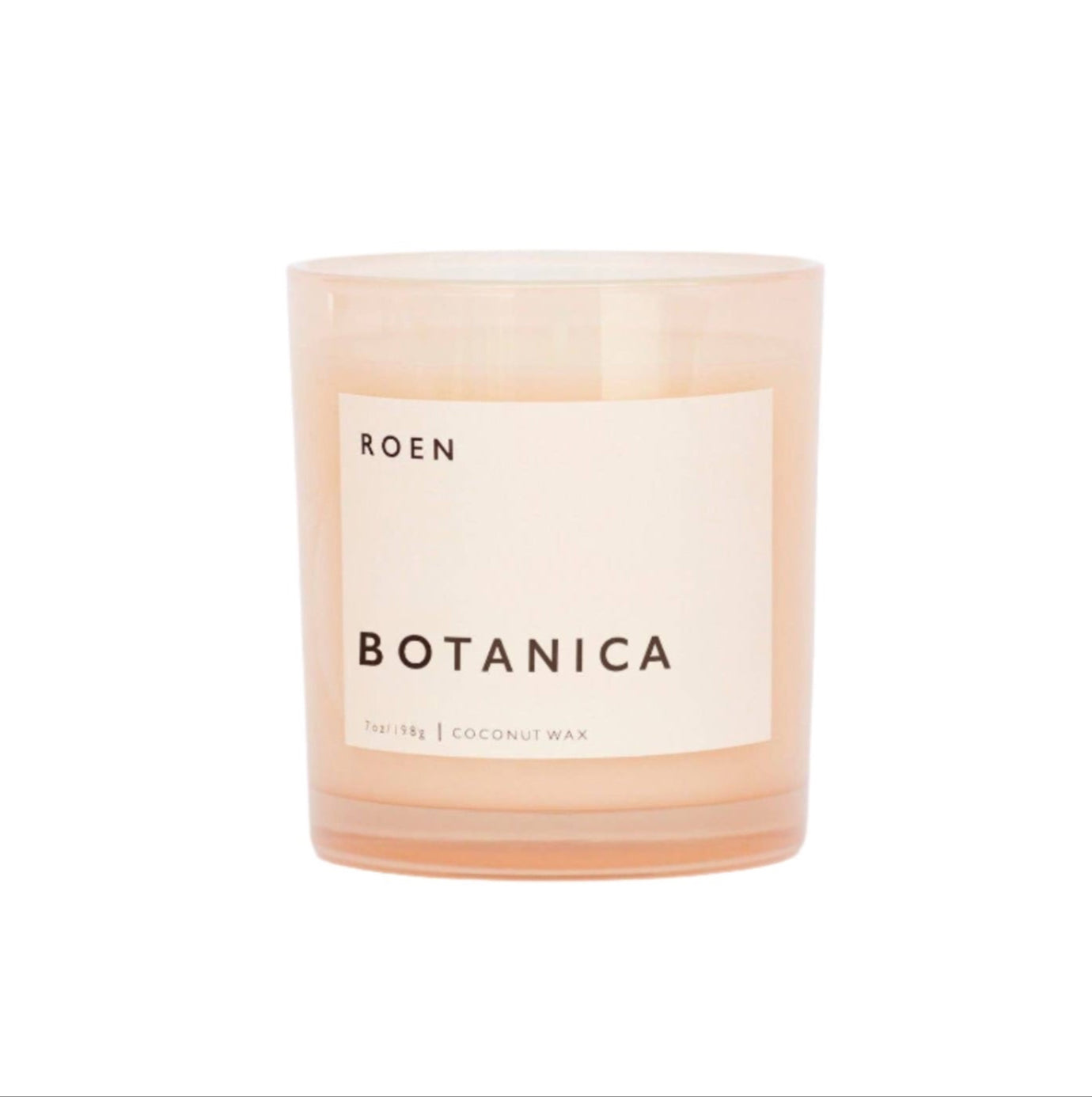 A ROEN Botanica candle in a clear glass jar with a pink label, sitting on a white background.