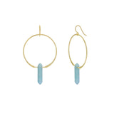 Gold hoop earrings with blue cylindrical drops on a white background