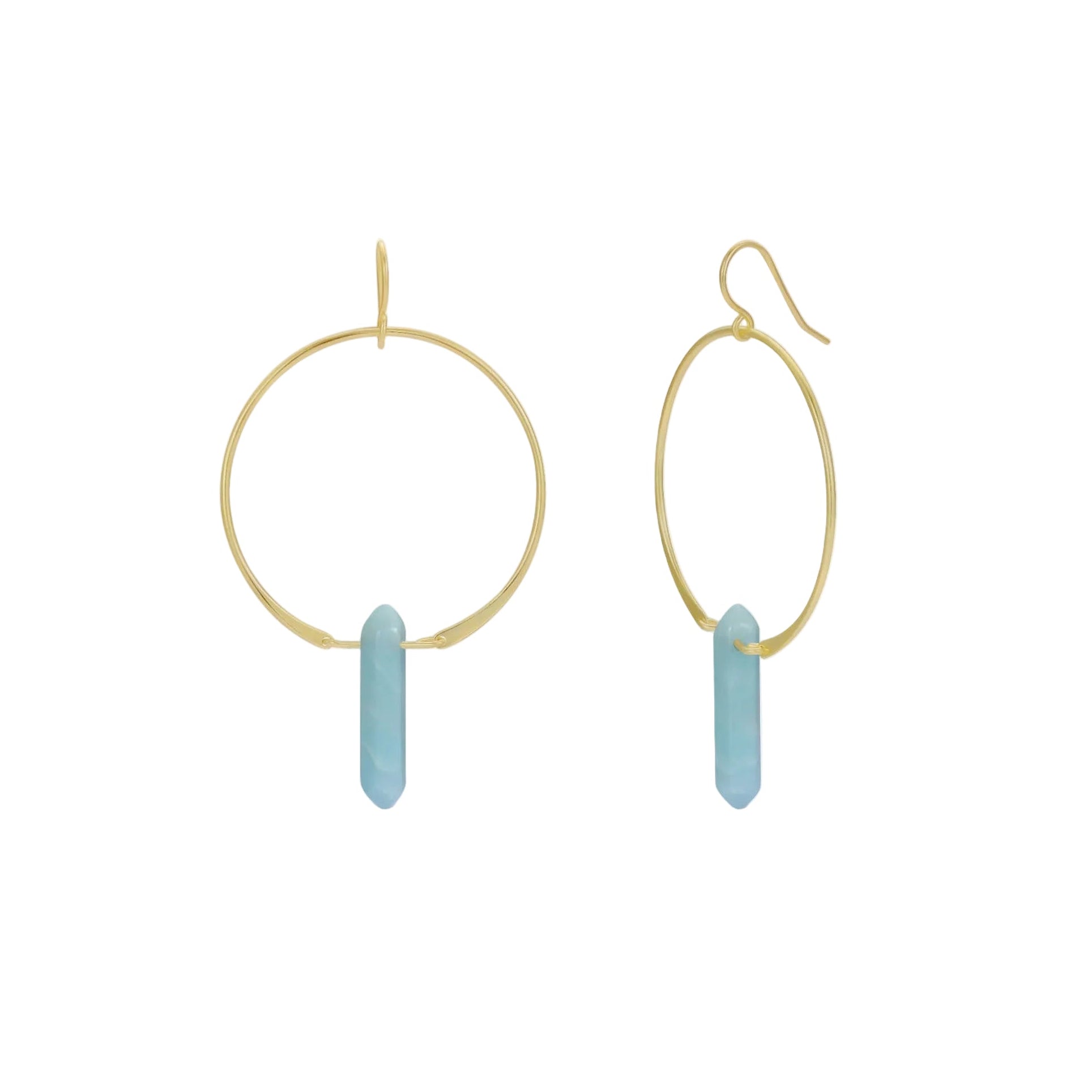 Gold hoop earrings with blue cylindrical drops on a white background