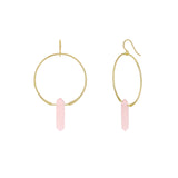 Gold hoop earrings with pink hanging elements on a white background