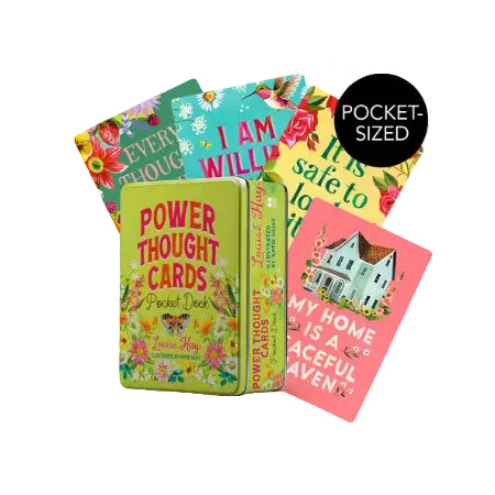 Collection of colorful 'Power Thought Cards' with motivational phrases on a white background.