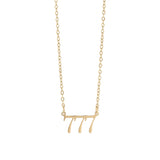 Gold necklace with the number '777' on a white background
