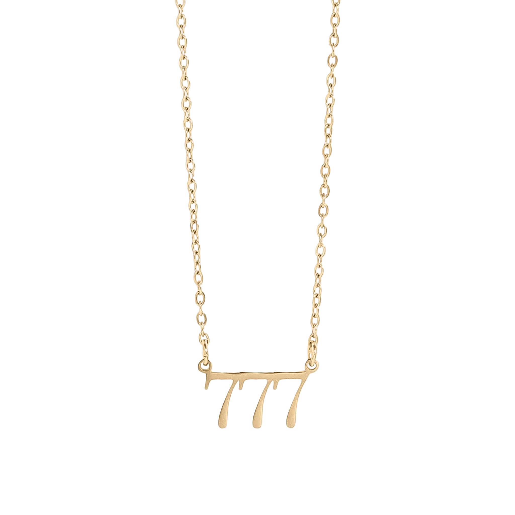 Gold necklace with the number '777' on a white background