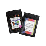 Two black resealable pouches of sticker packs on a white background. One pouch is labeled 'Playdate with the Universe" and shows colorful stick figures and a pink circular badge reading 'Mystery Mini Sticker Pack'.