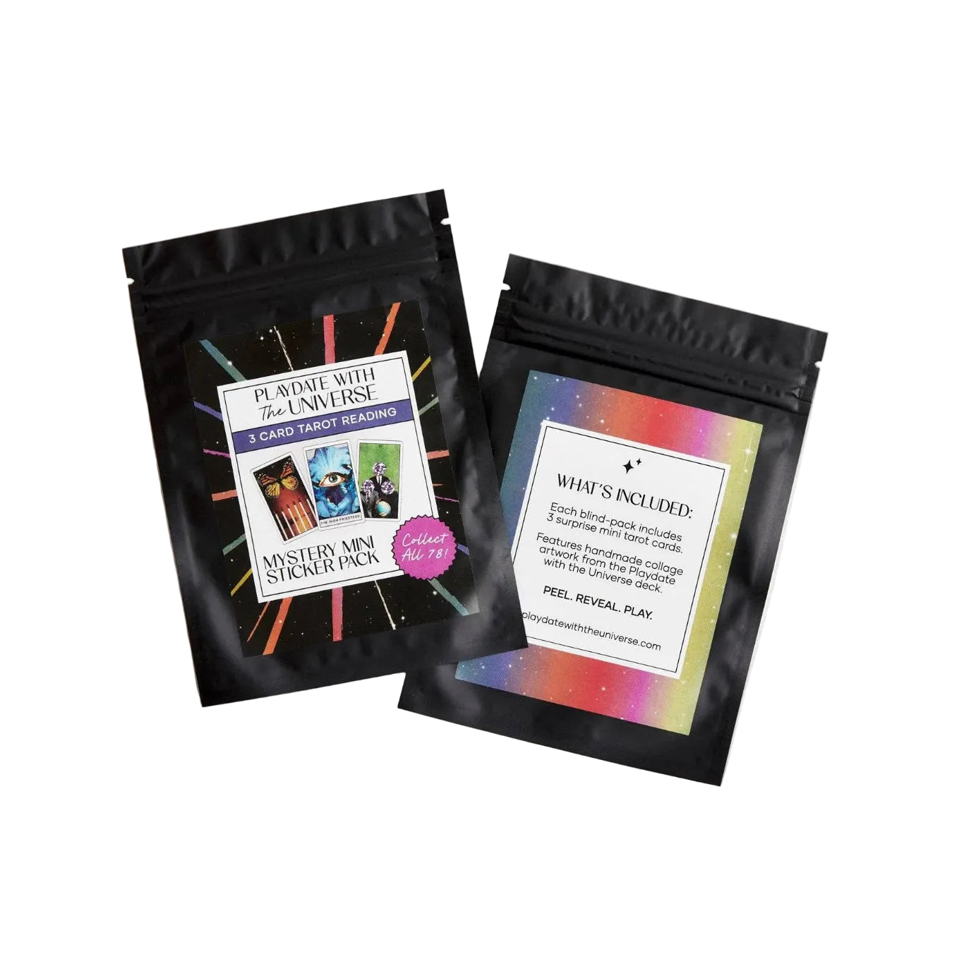 Two black resealable pouches of sticker packs on a white background. One pouch is labeled 'Playdate with the Universe" and shows colorful stick figures and a pink circular badge reading 'Mystery Mini Sticker Pack'.