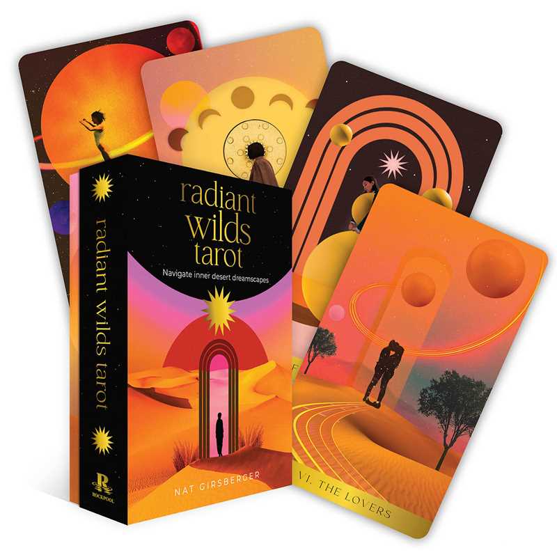 Radiant Wilds Tarot cards with colorful designs and a book titled 'Radiant Wilds Tarot' on a white background.