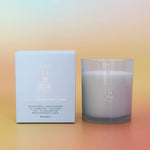 A scented candle in a frosted clear glass jar sits beside its light blue box on a smooth pastel gradient surface. The box and jar both show the brand name LIBRA and the scent name Violet + Cardamone Flower + Amber.