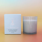 A scented candle in a frosted clear glass jar sits beside its light blue box on a smooth pastel gradient surface. The box and jar both show the brand name LIBRA and the scent name Violet + Cardamone Flower + Amber.