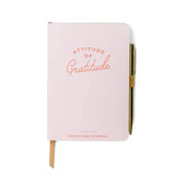 Pink gratitude journal with gold text on a white background
