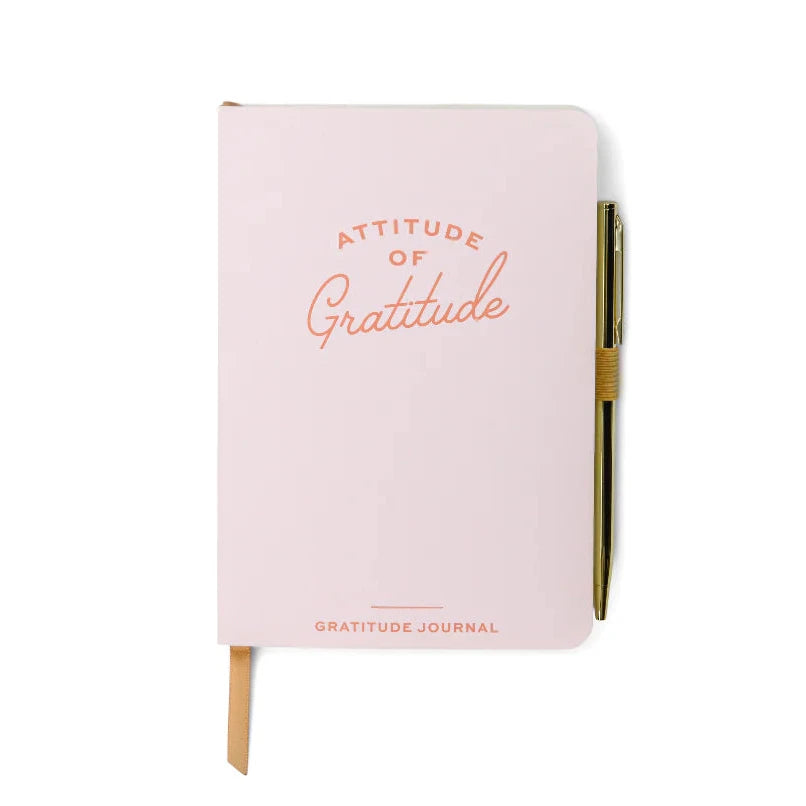 Pink gratitude journal with gold text on a white background