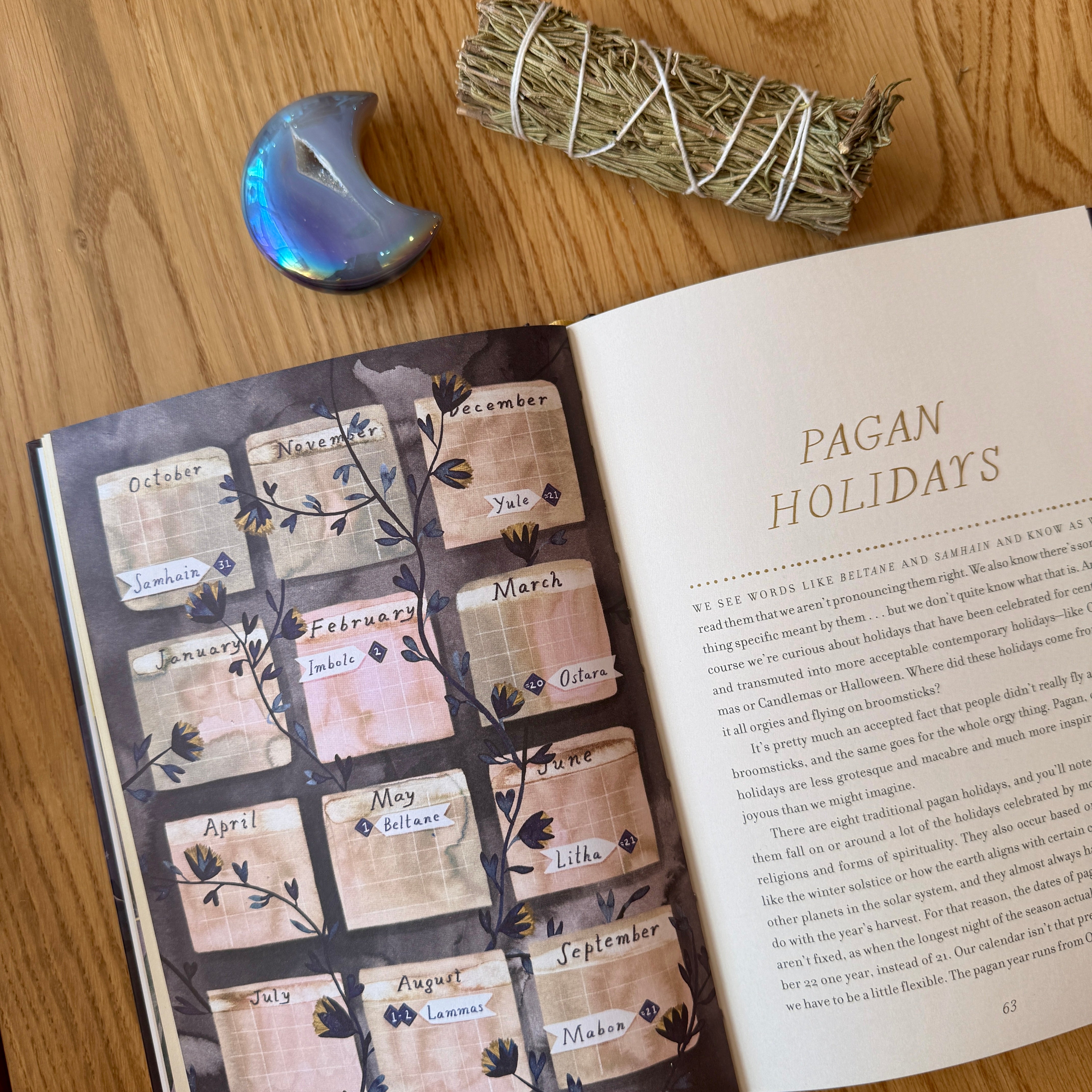 Open book on a wooden surface with a smudge stick and moon-shaped candle