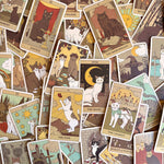 A scattered pile of illustrated tarot cards featuring cats in whimsical, vintage-style artwork. The cards show various suits and titles such as The Moon, The Cat and the Sun, and The Chariot, with warm muted tones across the deck.