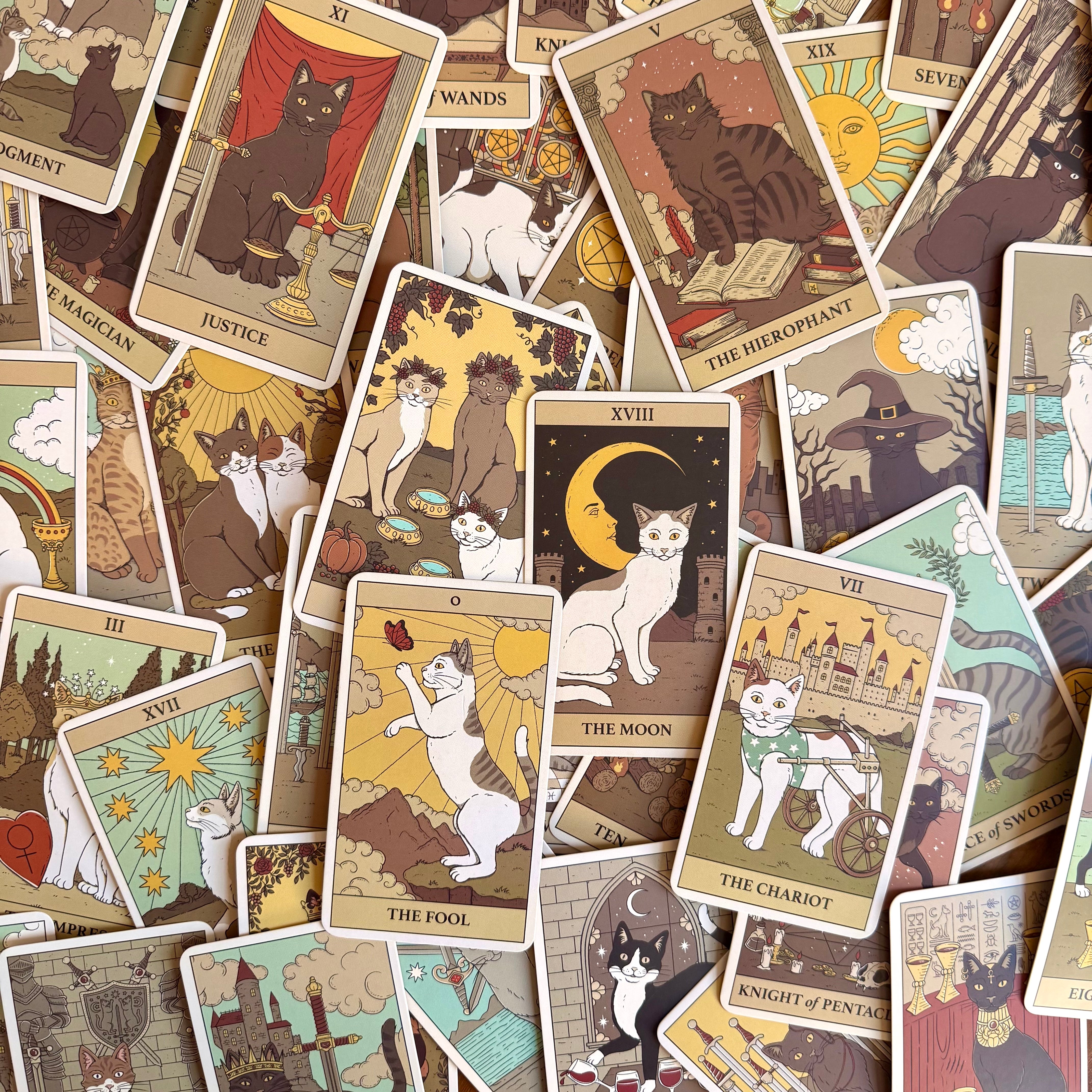 A scattered pile of illustrated tarot cards featuring cats in whimsical, vintage-style artwork. The cards show various suits and titles such as The Moon, The Cat and the Sun, and The Chariot, with warm muted tones across the deck.
