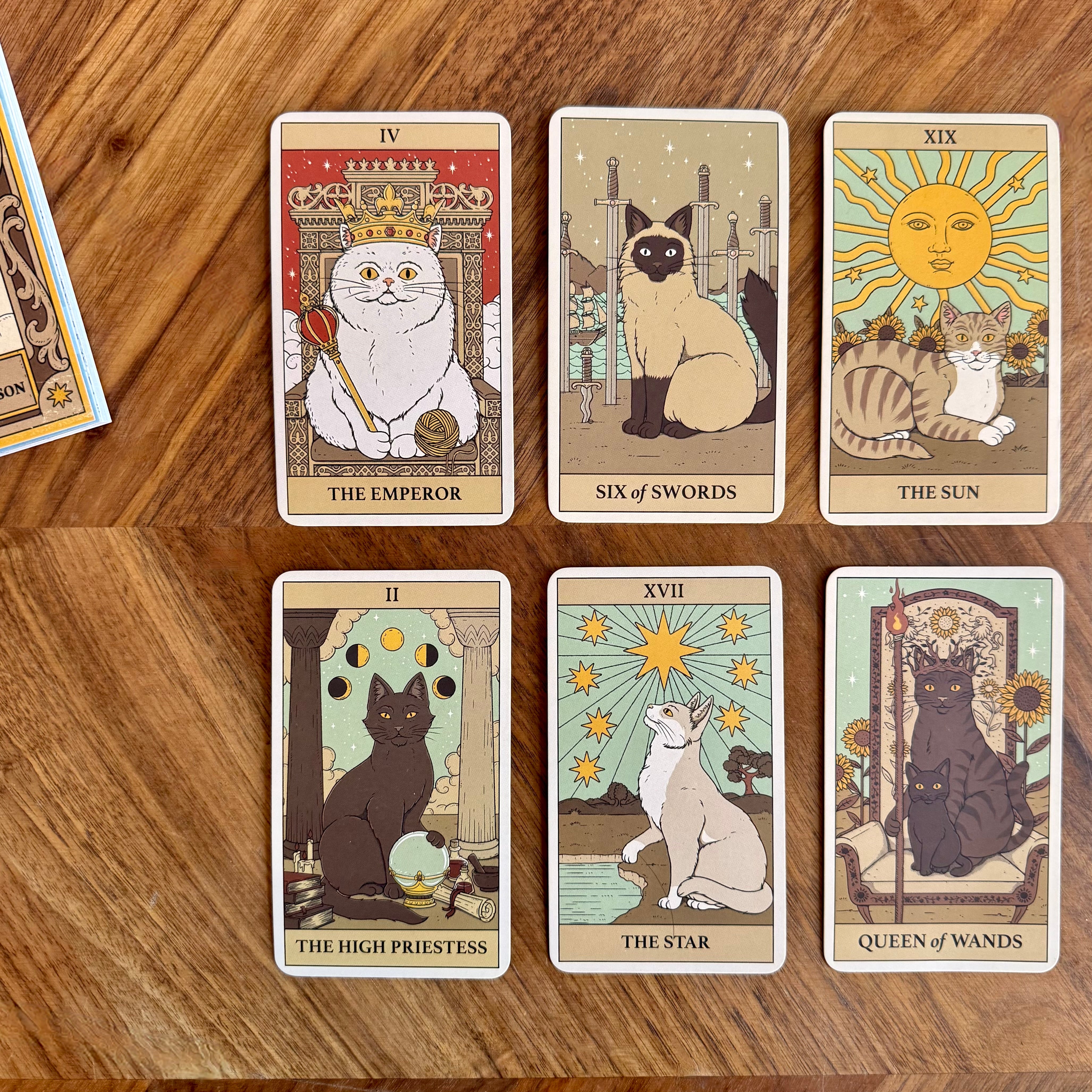 Six illustrated tarot-style cards featuring cats and a sun are arranged on a wooden tabletop. The cards include The Emperor, Six of Swords, The Sun, The High Priestess, The Star, and Queen of Wands, with part of another card visible at the upper left.