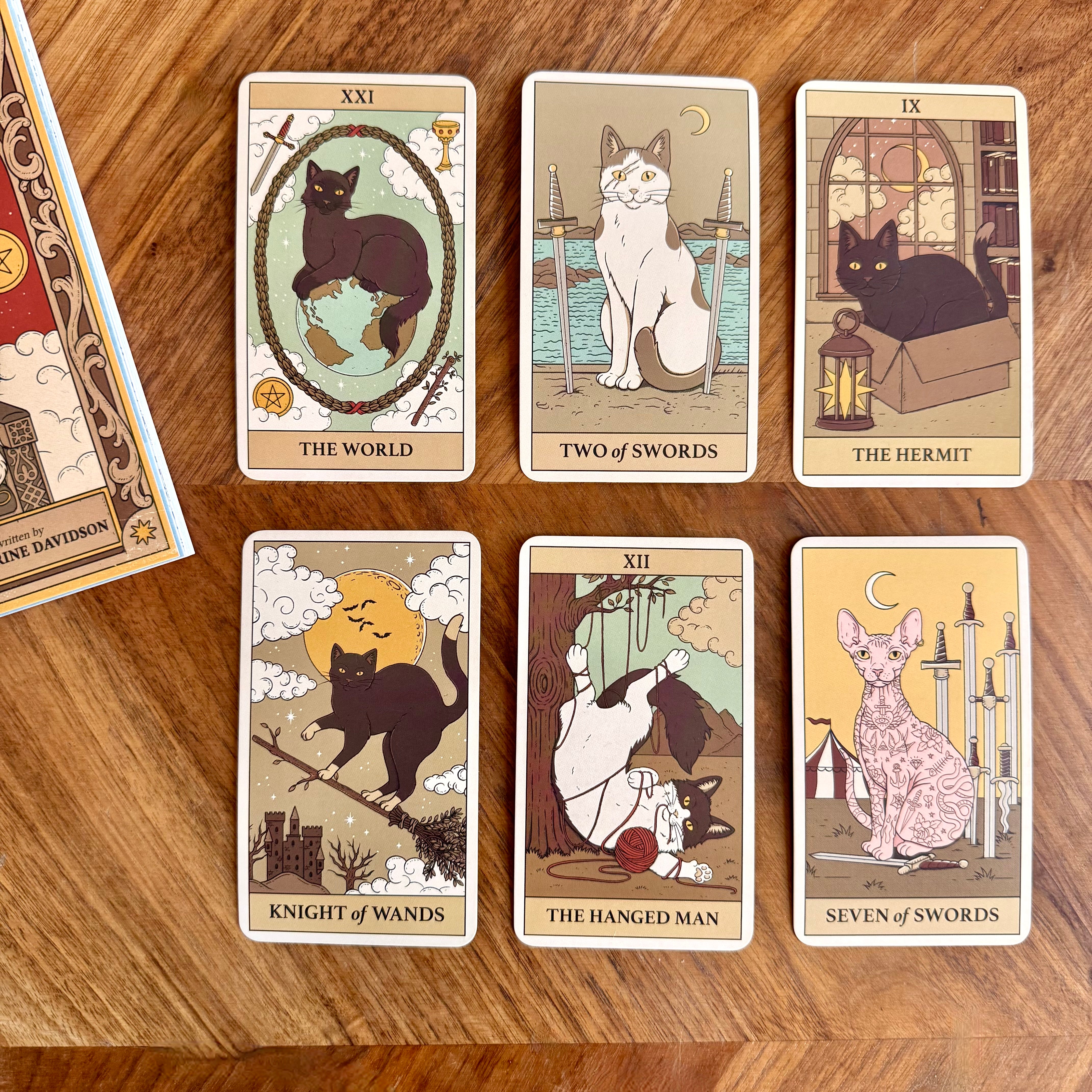 Six tarot cards featuring cats in illustrated scenes are arranged on a wooden tabletop, with part of the card deck visible at the upper left.