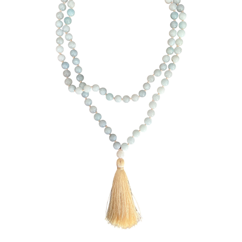 Blue Moon Aquamarine & Moonstone 108 Bead Mala Necklace