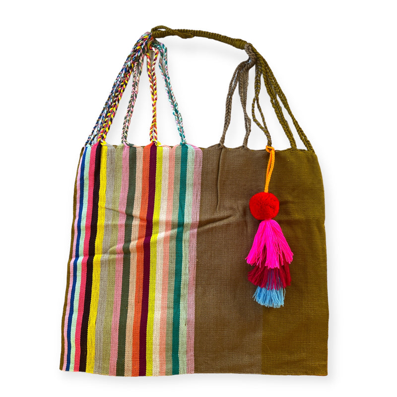 Mexican Striped Hammock Bag with Pom Pom
