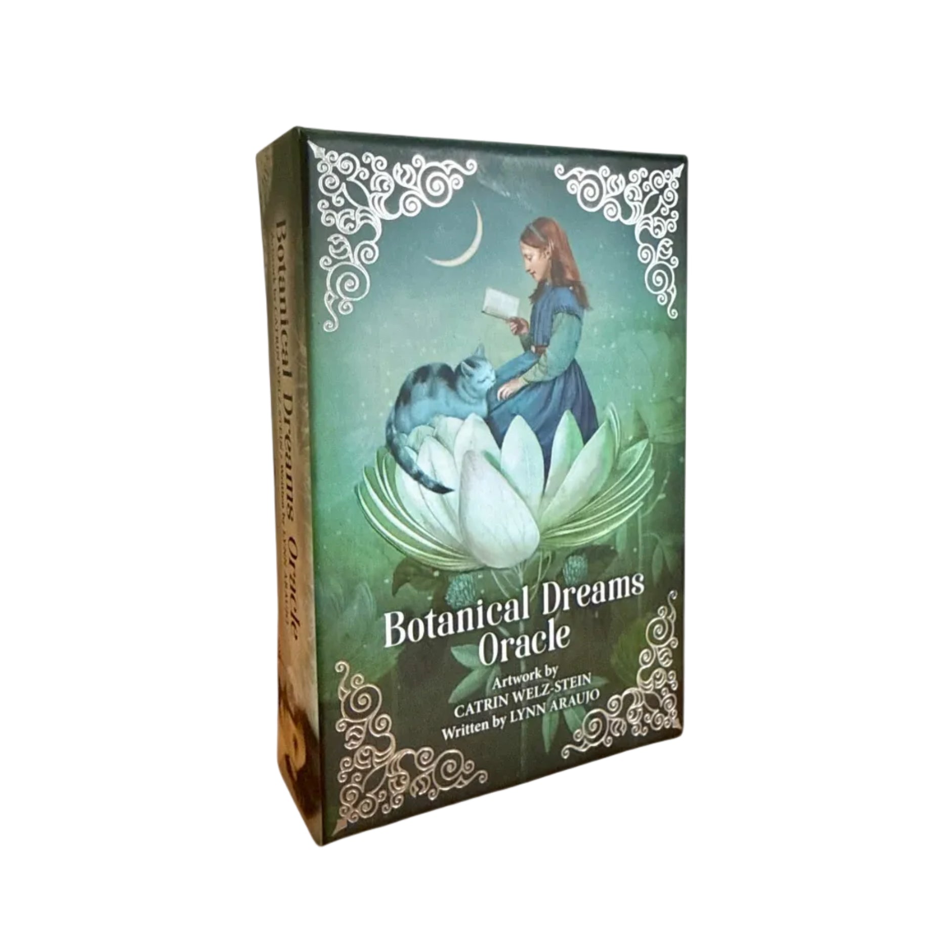 Box for 'Botanical Dreams Oracle' with a woman and cat on a flower design.