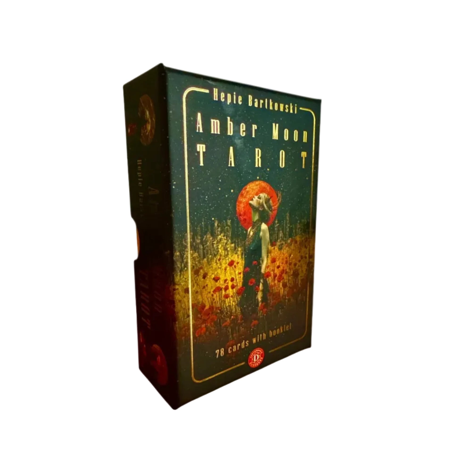 Amber Moon Tarot card set packaging with a person and moon design on a white background