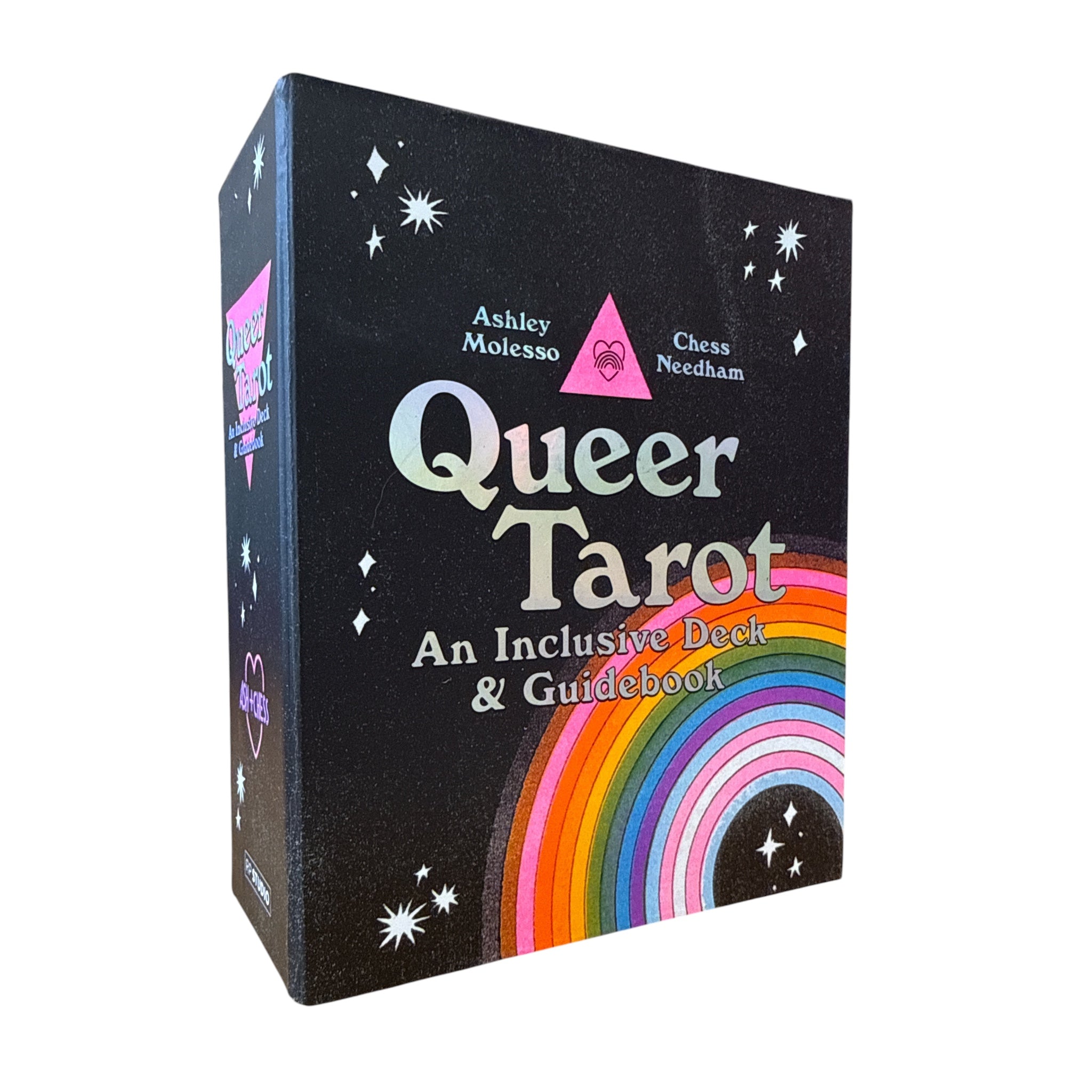 Queer Tarot box with rainbow design and text on a white background