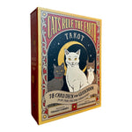 A picture of a box with "Cats Rule the Earth Tarot"and "78-card deck and guidebook for the feline obsessed" with three cats and a crescent moon on a white background