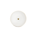 White ceramic round dish with gold heart in center