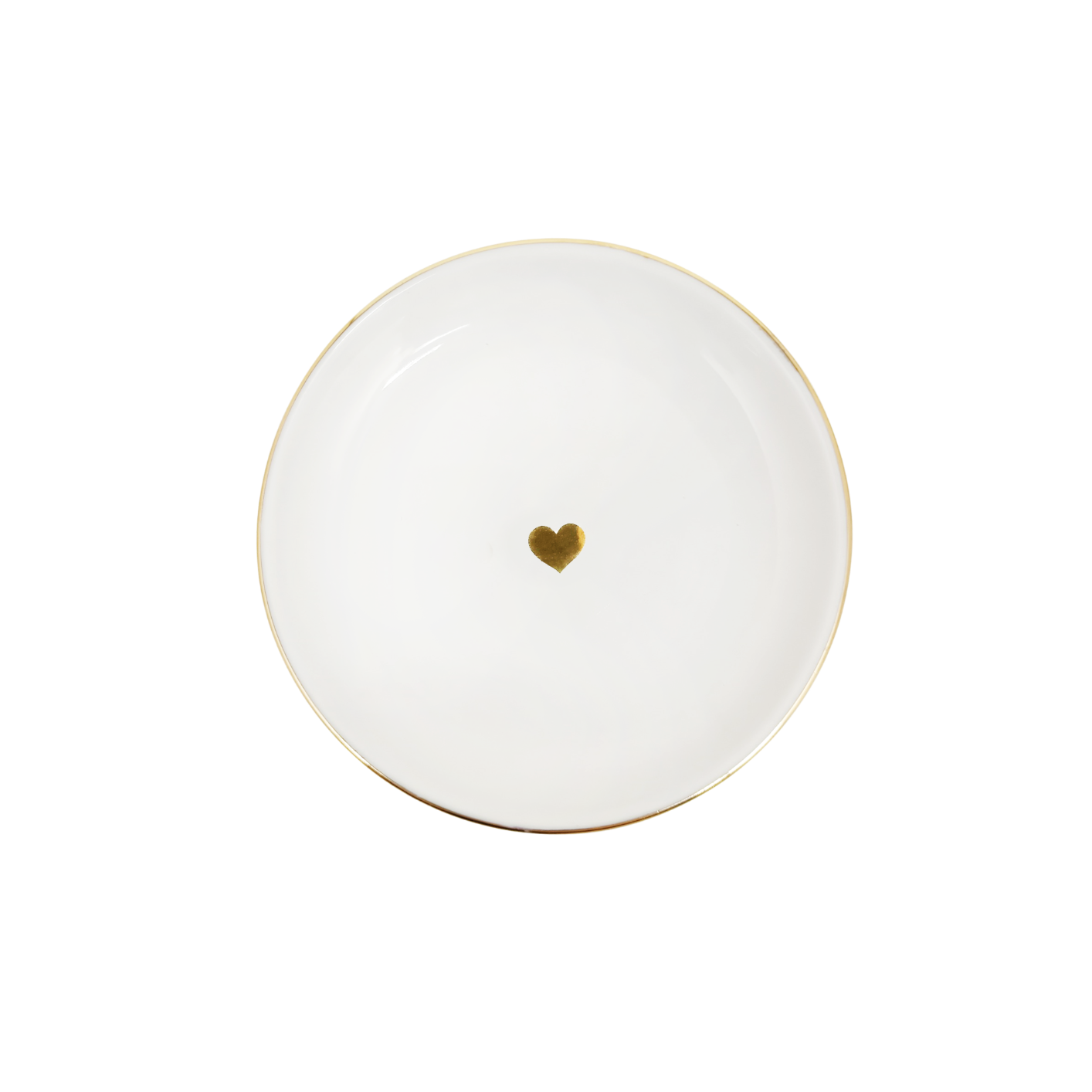 White ceramic round dish with gold heart in center