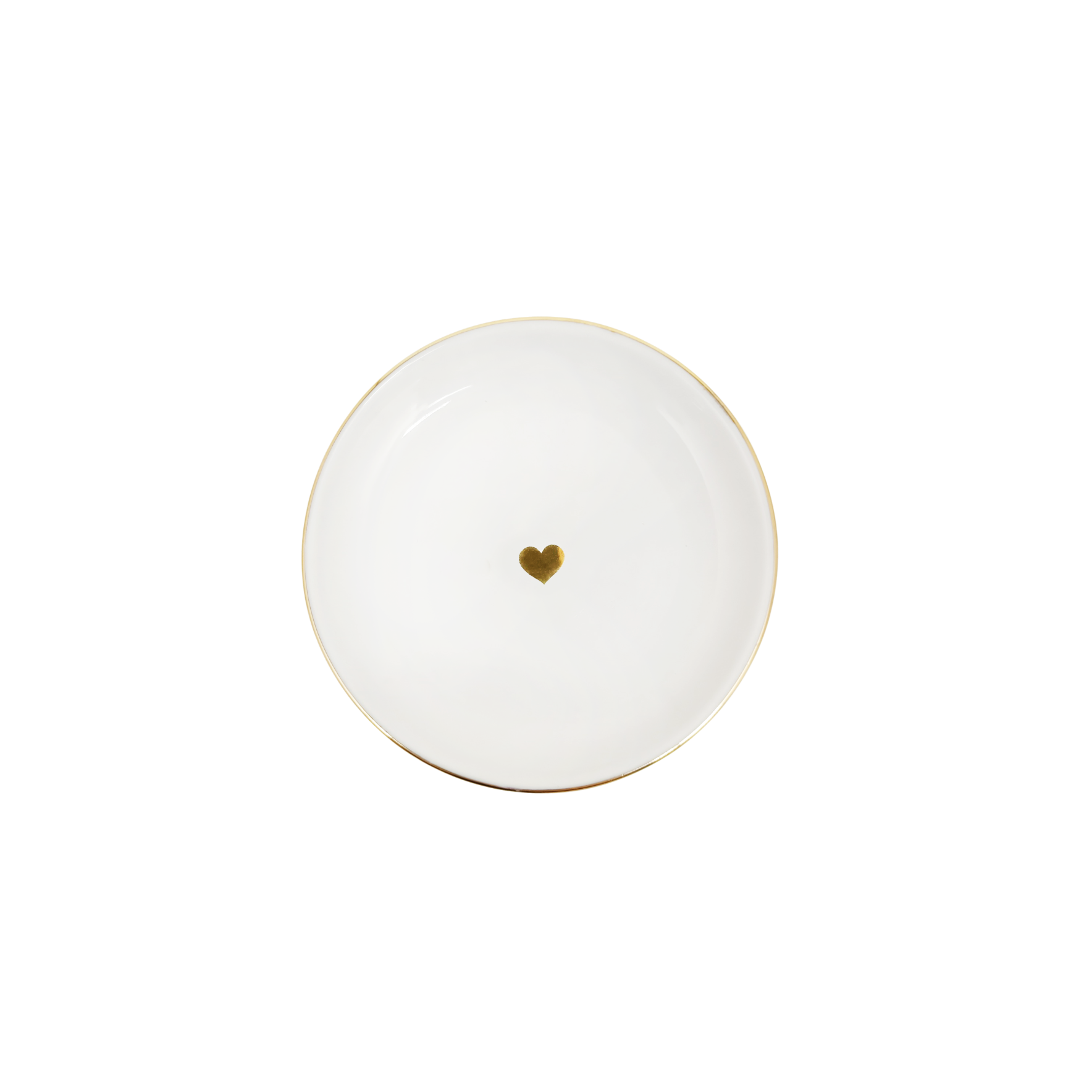 White ceramic round dish with gold heart in center