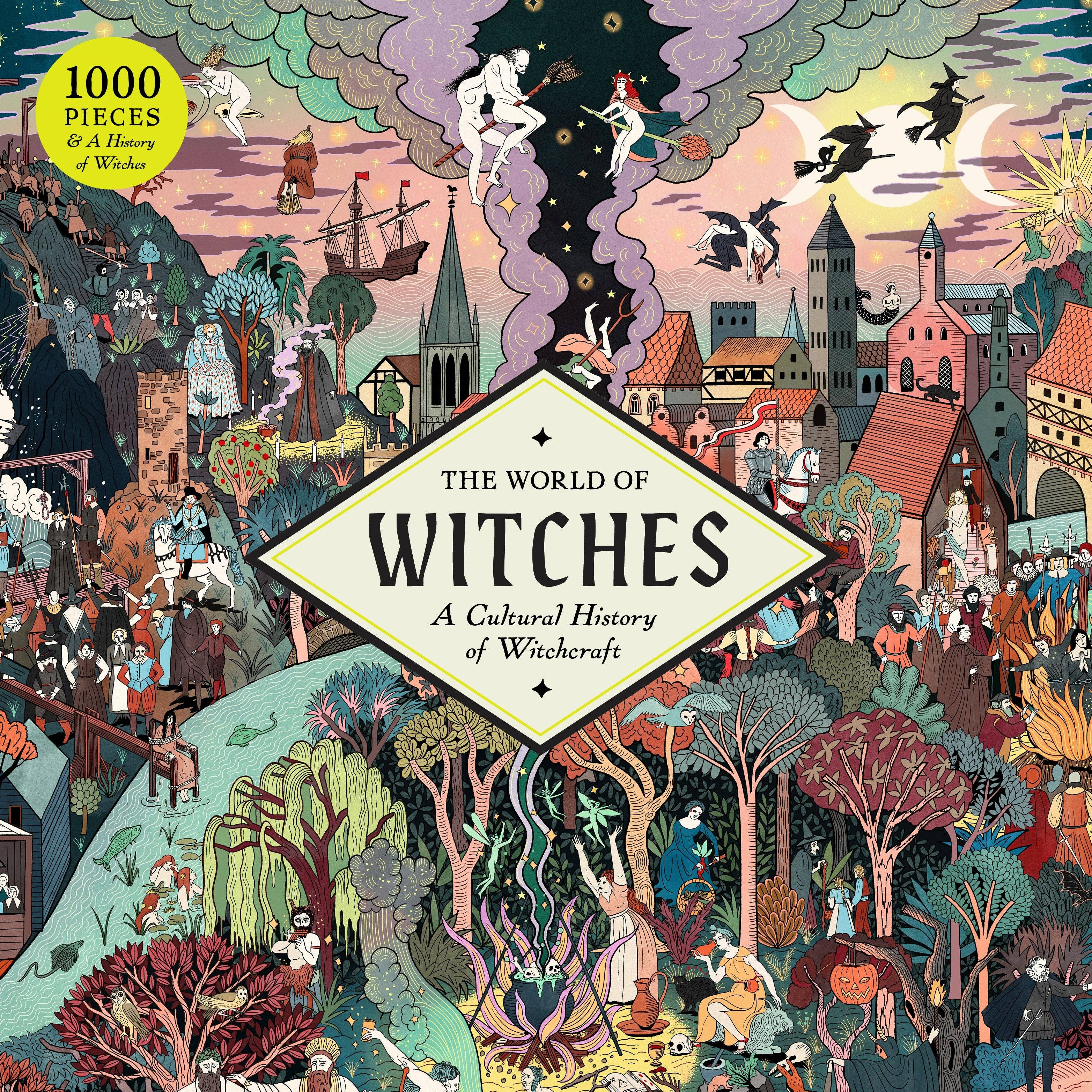 Cover of 'The World of Witches' book with colorful illustration of witches and village.