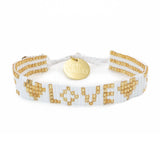 White & Gold Seed Bead LOVE with Hearts Bracelet