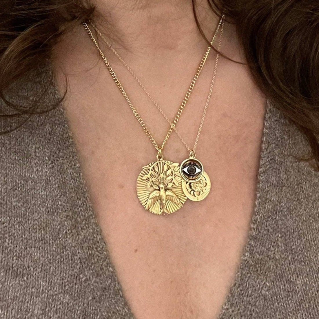 Anthea Evil Eye and Floral Medallion Necklace - Confía Collective