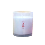 A white wax candle in a translucent frosted glass jar with red printed text reading ' ARIES ' on the front, centered against a white background.