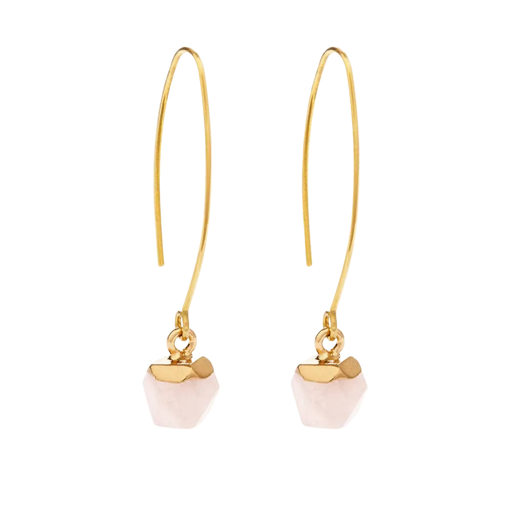 Gold earrings with pink stone drops on a white background