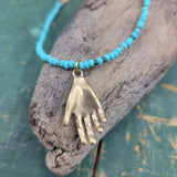 Turquoise Beaded Necklace with Brass Hand