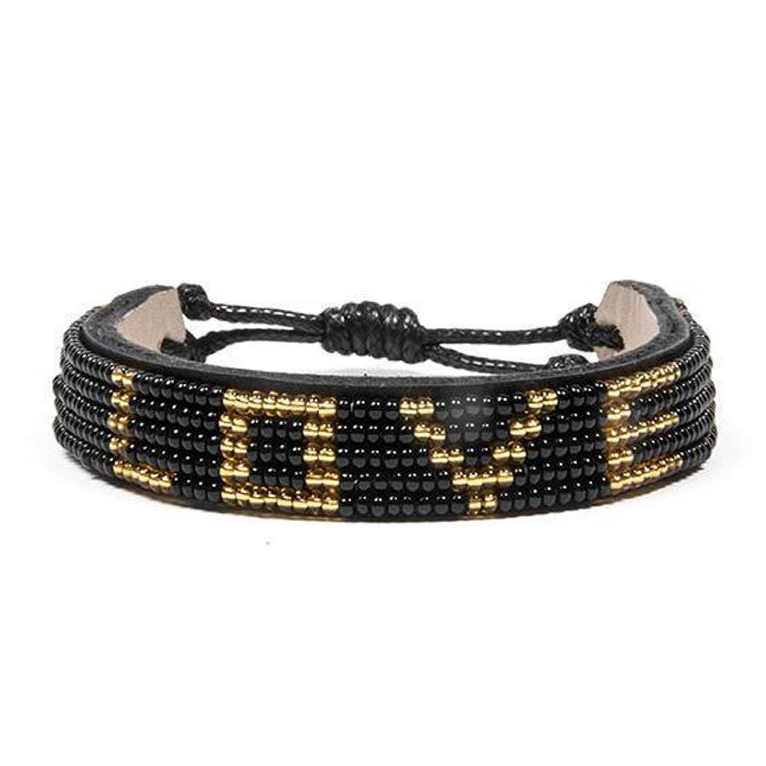 Black + Gold LOVE Beaded Leather Bracelet - Confía Collective