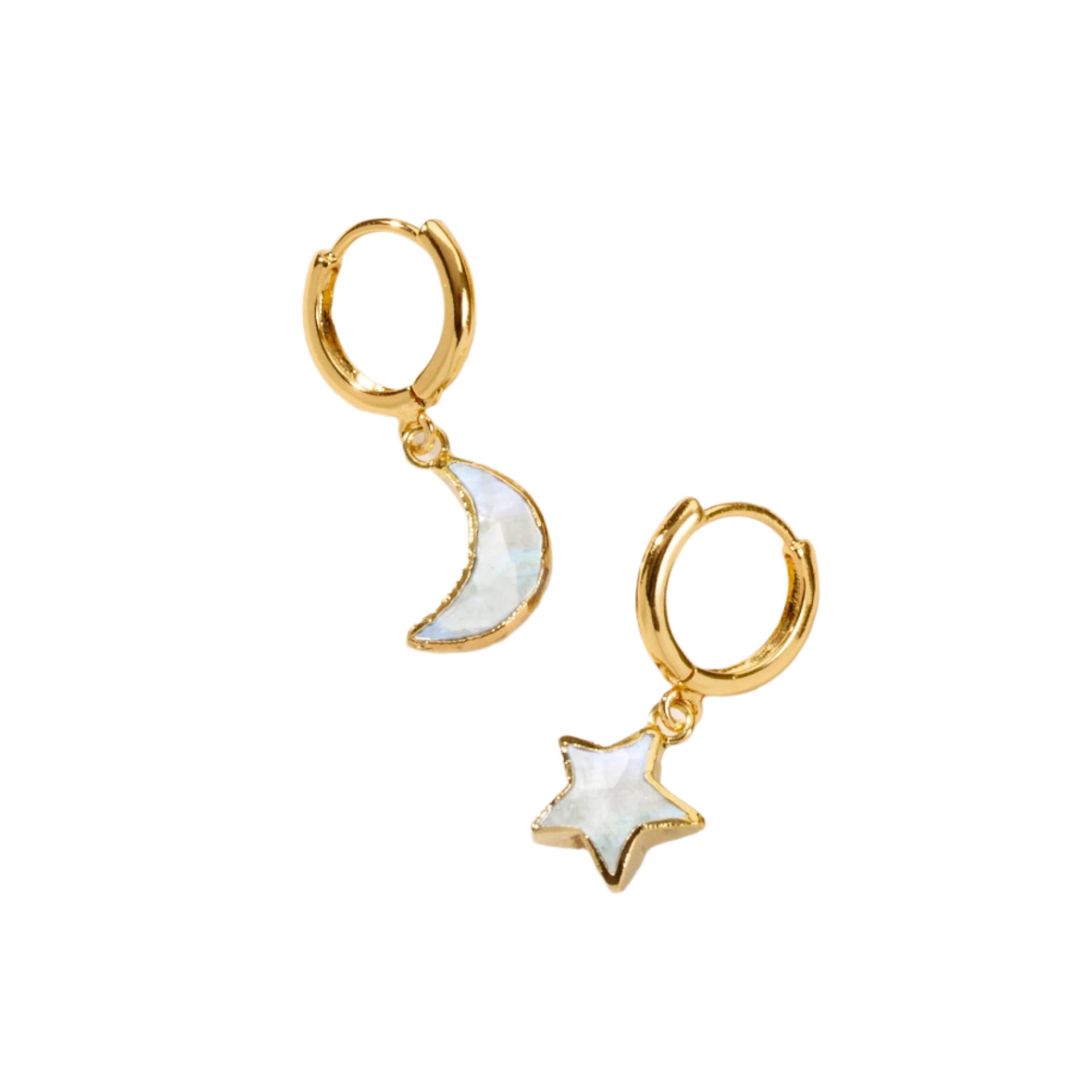 A pair of mismatched gold-colored hoop earrings, one with a crescent moon charm and the other with a star charm, both featuring a white genuine Moonstone.