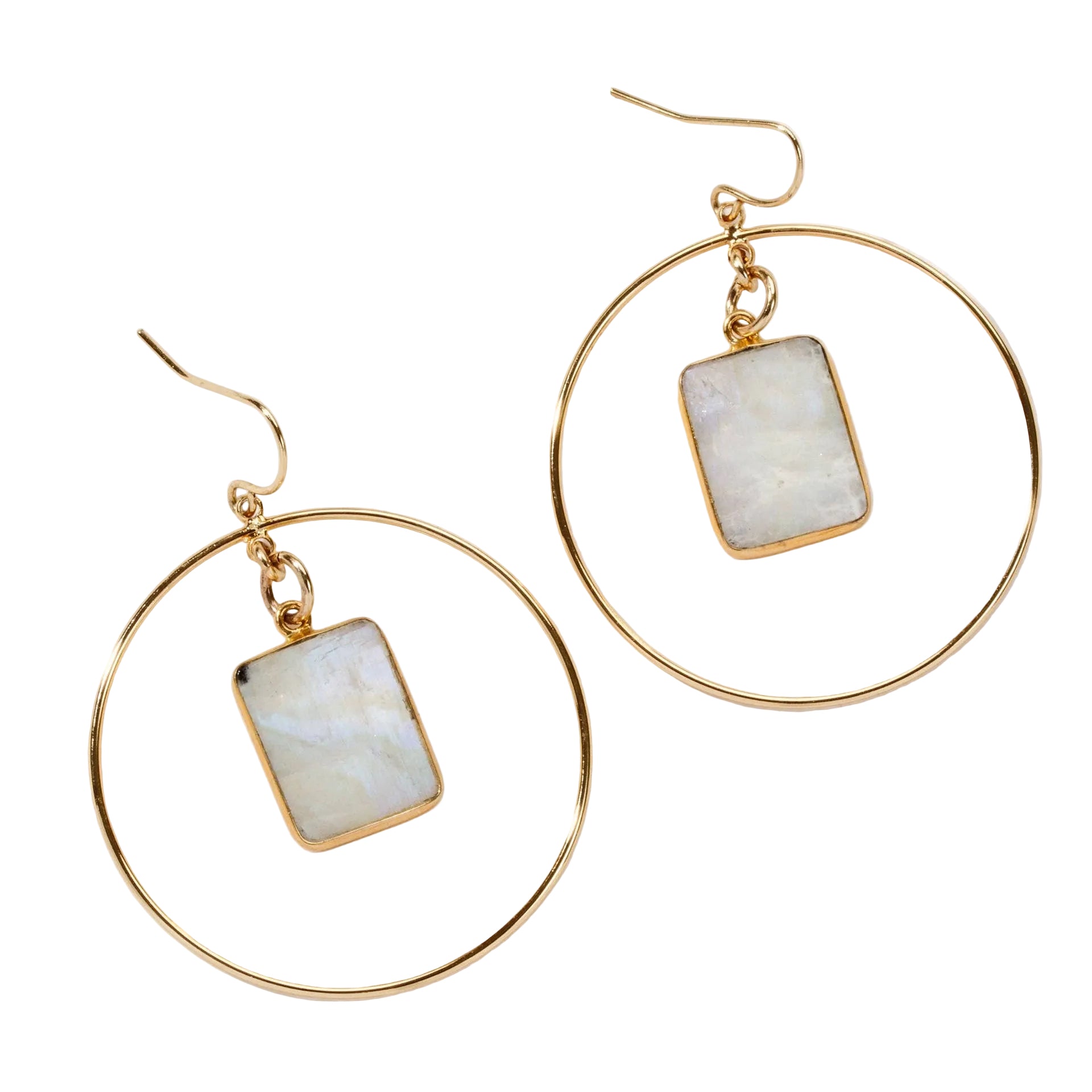 Gold hoop earrings with rectangular moonstone pendants in center, on a white background