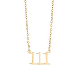 Gold necklace with the number '11' pendant on a white background