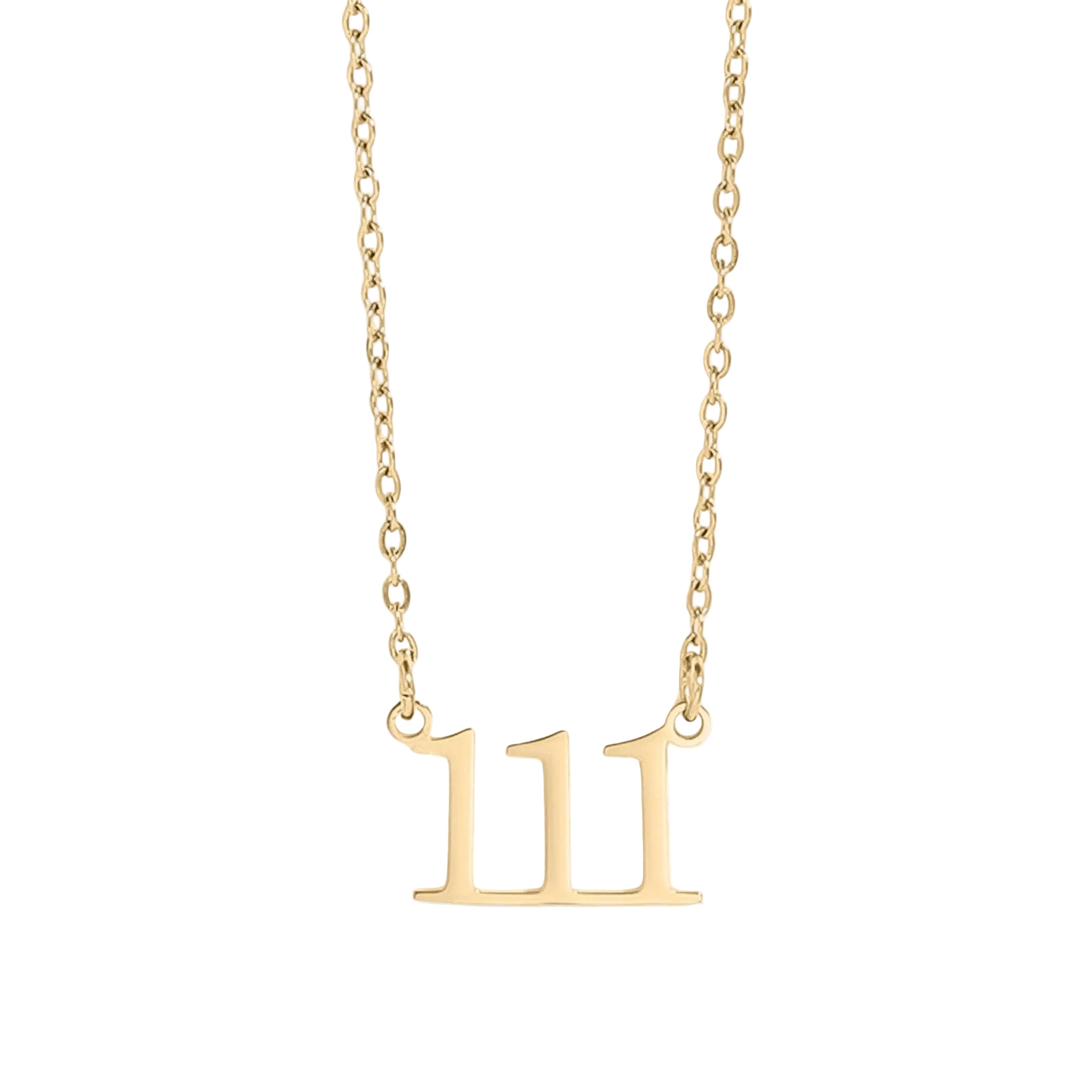 Gold necklace with the number '11' pendant on a white background