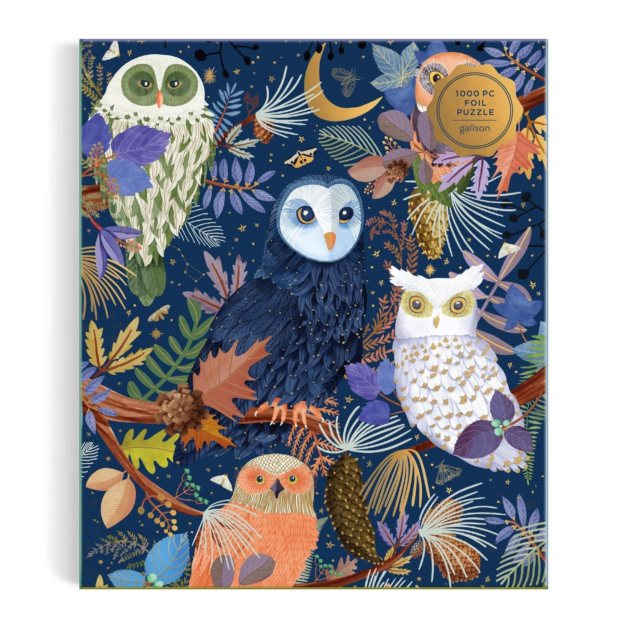 Jigsaw puzzle box with colorful owl design on a blue background
