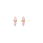 Pair of pink earrings with gold accents on a white background
