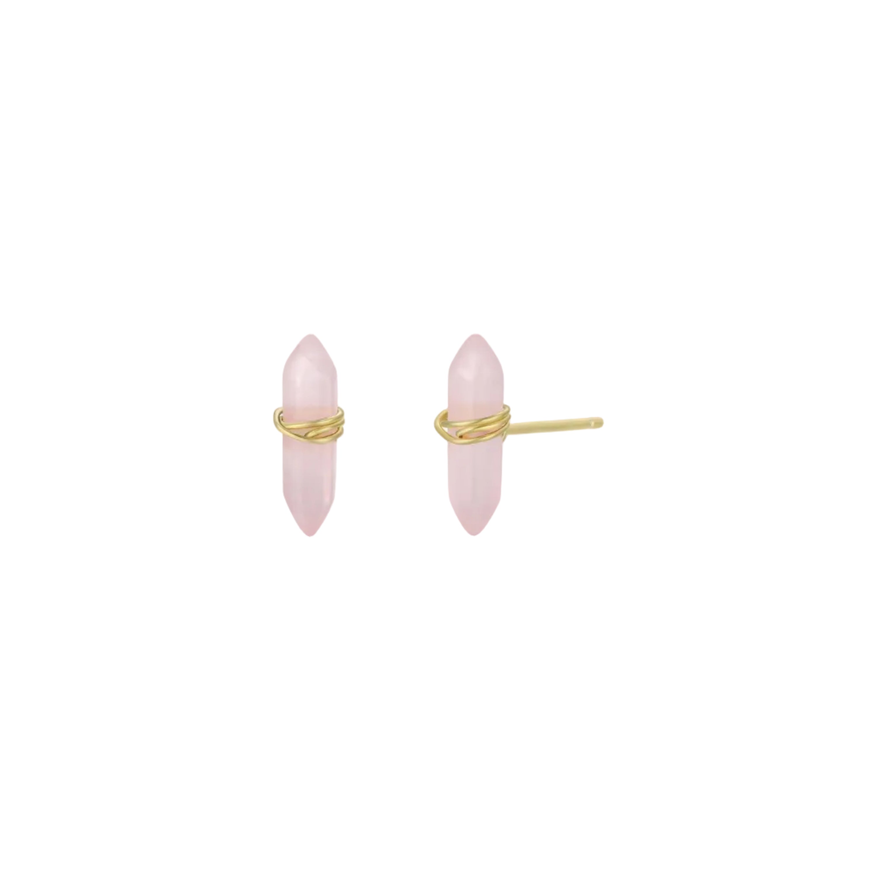 Pair of pink earrings with gold accents on a white background