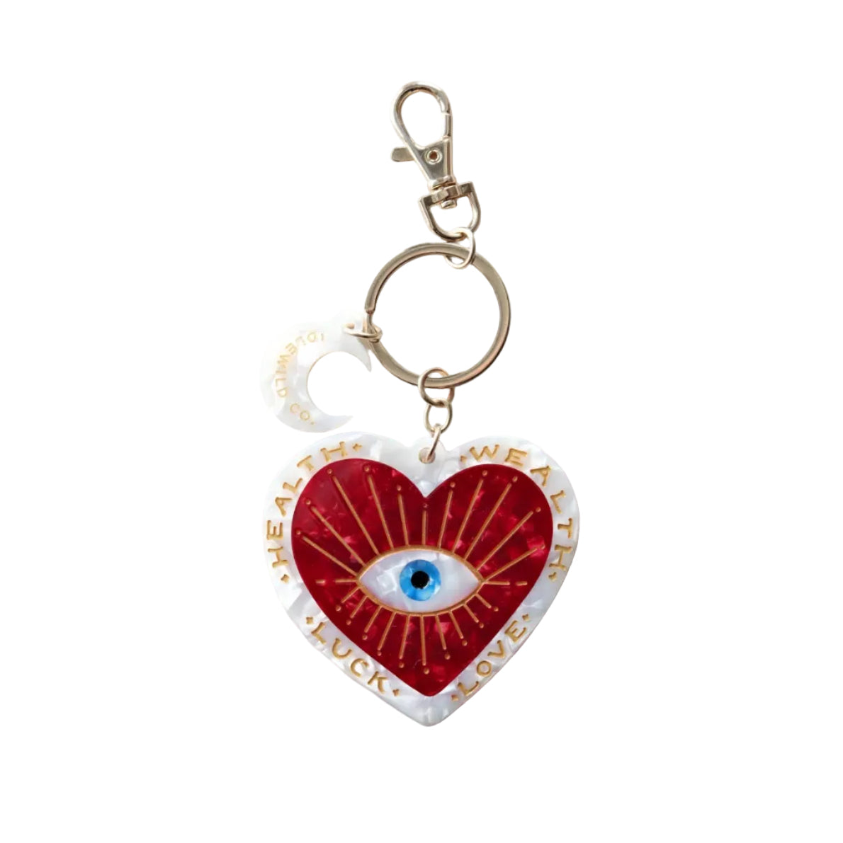 Heart-shaped keychain with eye design and text on a light background