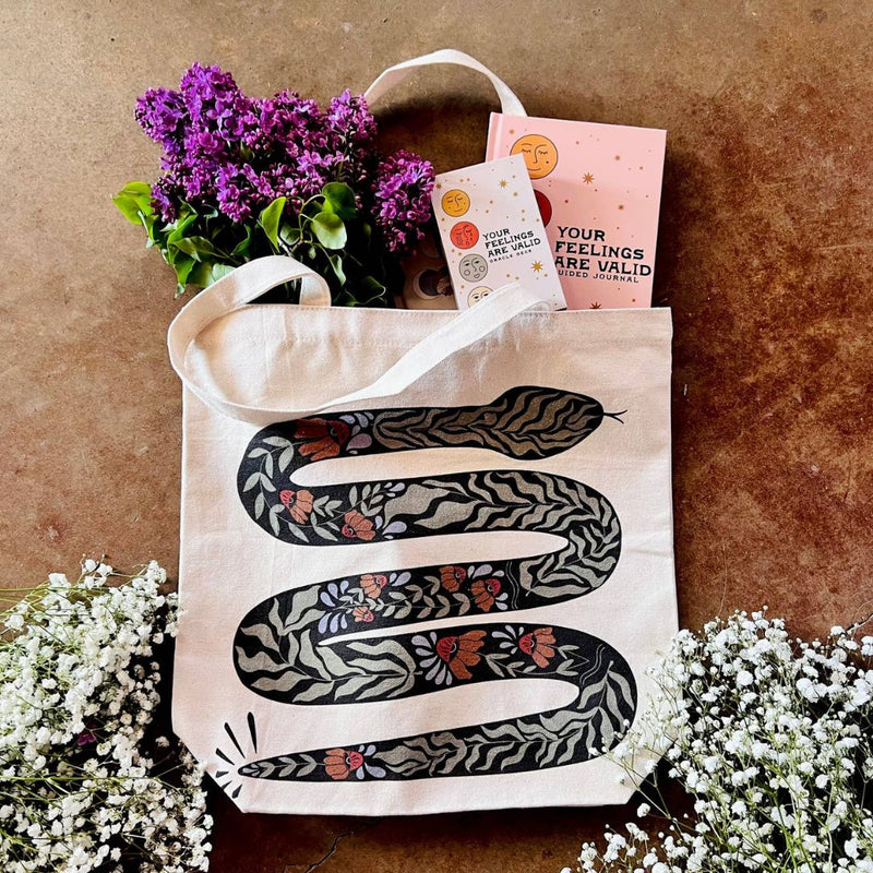 Floral Snake Canvas Tote Bag