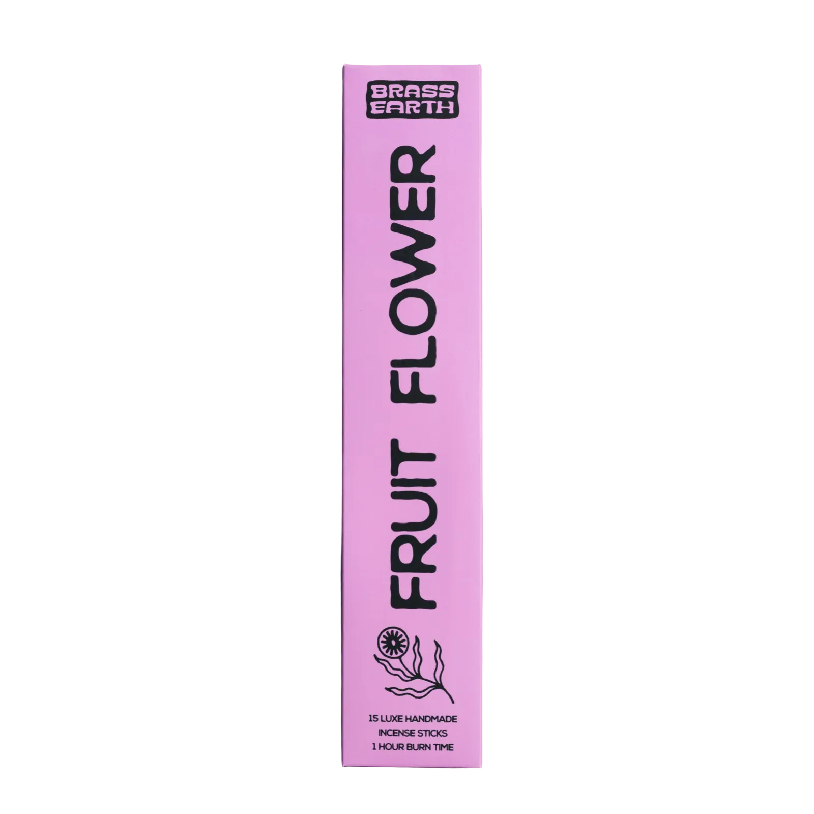 A tall, narrow pink box for Brass Earth Fruit Flower incense sticks, featuring bold black text and a small line drawing of a flower, set against a white background.