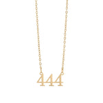 Gold necklace with '444' pendant on a white background