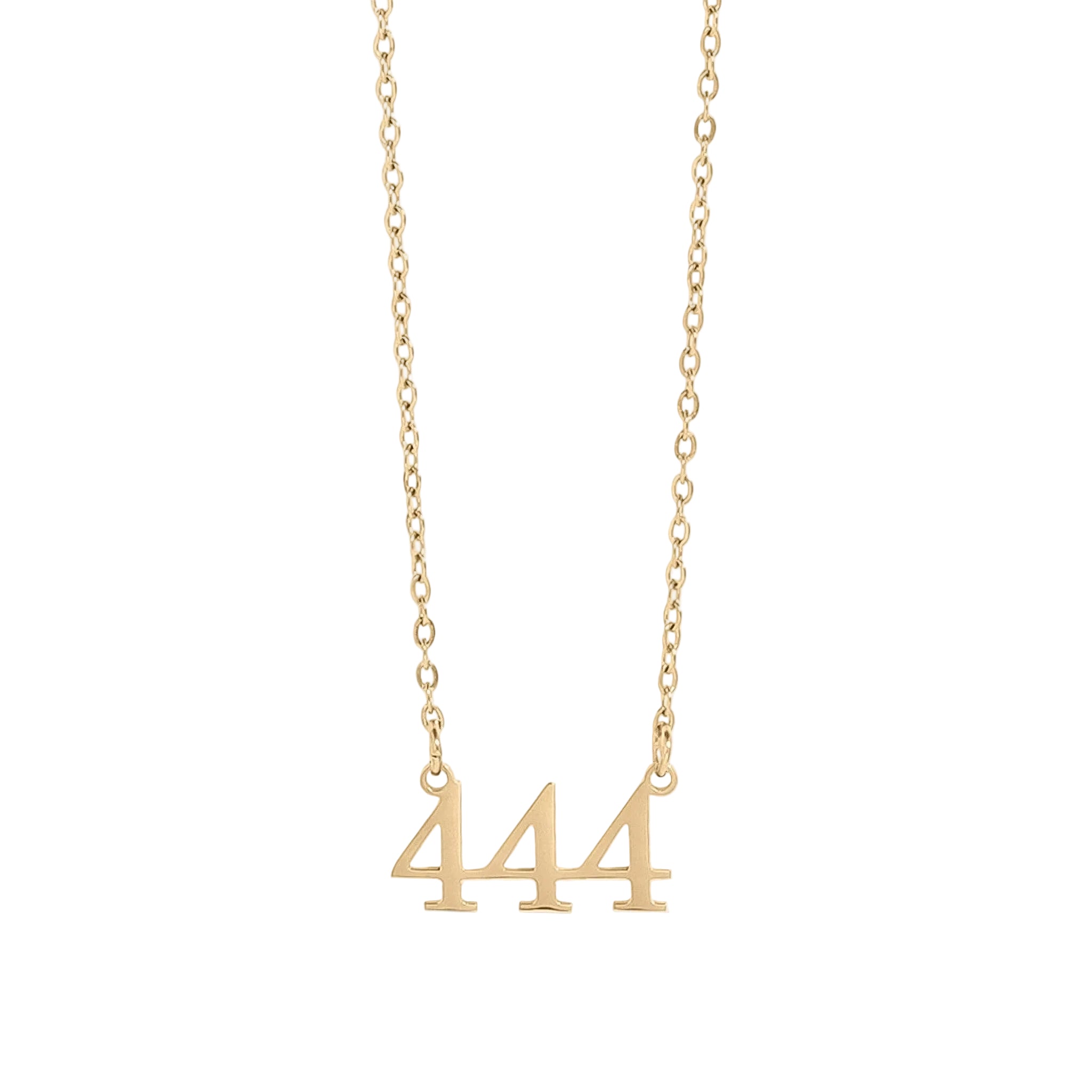 Gold necklace with '444' pendant on a white background