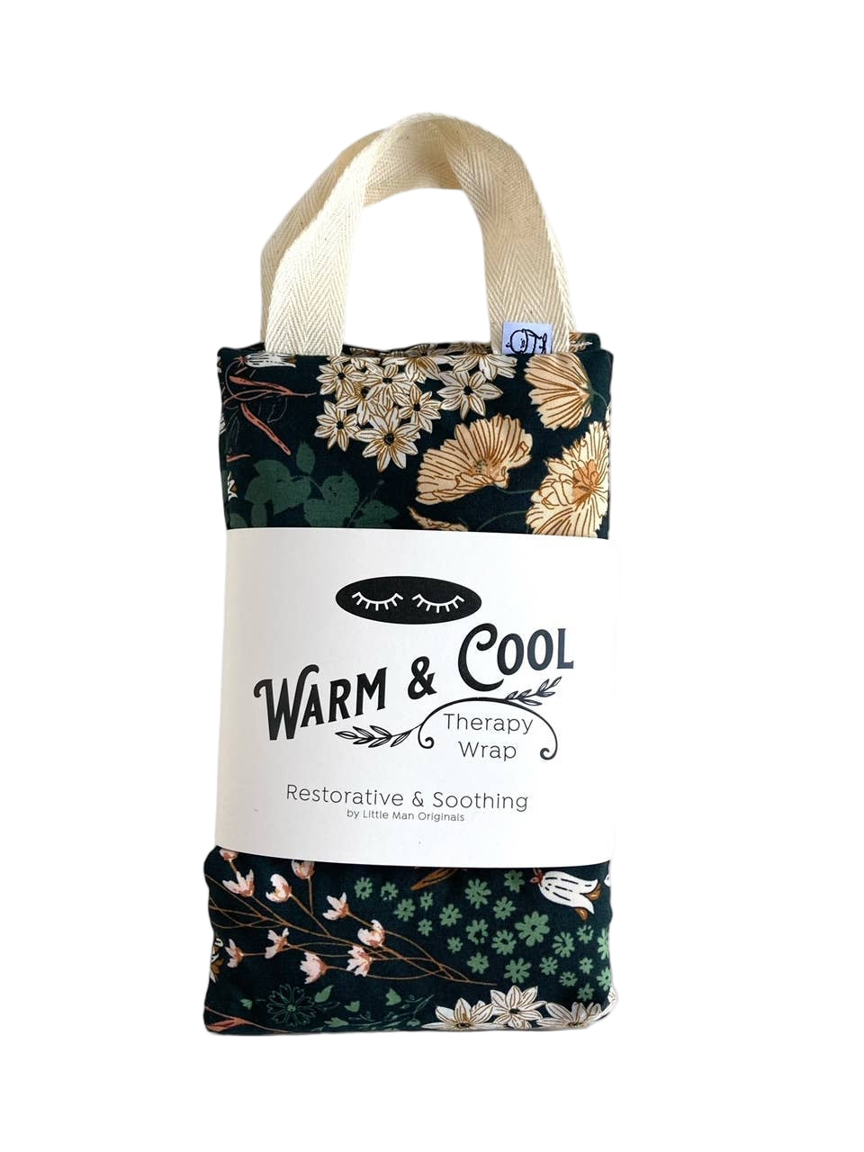 Floral-patterned therapy wrap with 'Warm & Cool' label on a white background