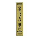A tall, narrow yellow-green box for Brass Earth incense stands vertically against a soft pink background. The box is printed with the words 'THE CALLING' in large black letters and a small UFO-style graphic near the bottom.