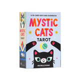 Mystic Cats Tarot book cover with colorful text and cat illustrations on a light blue background